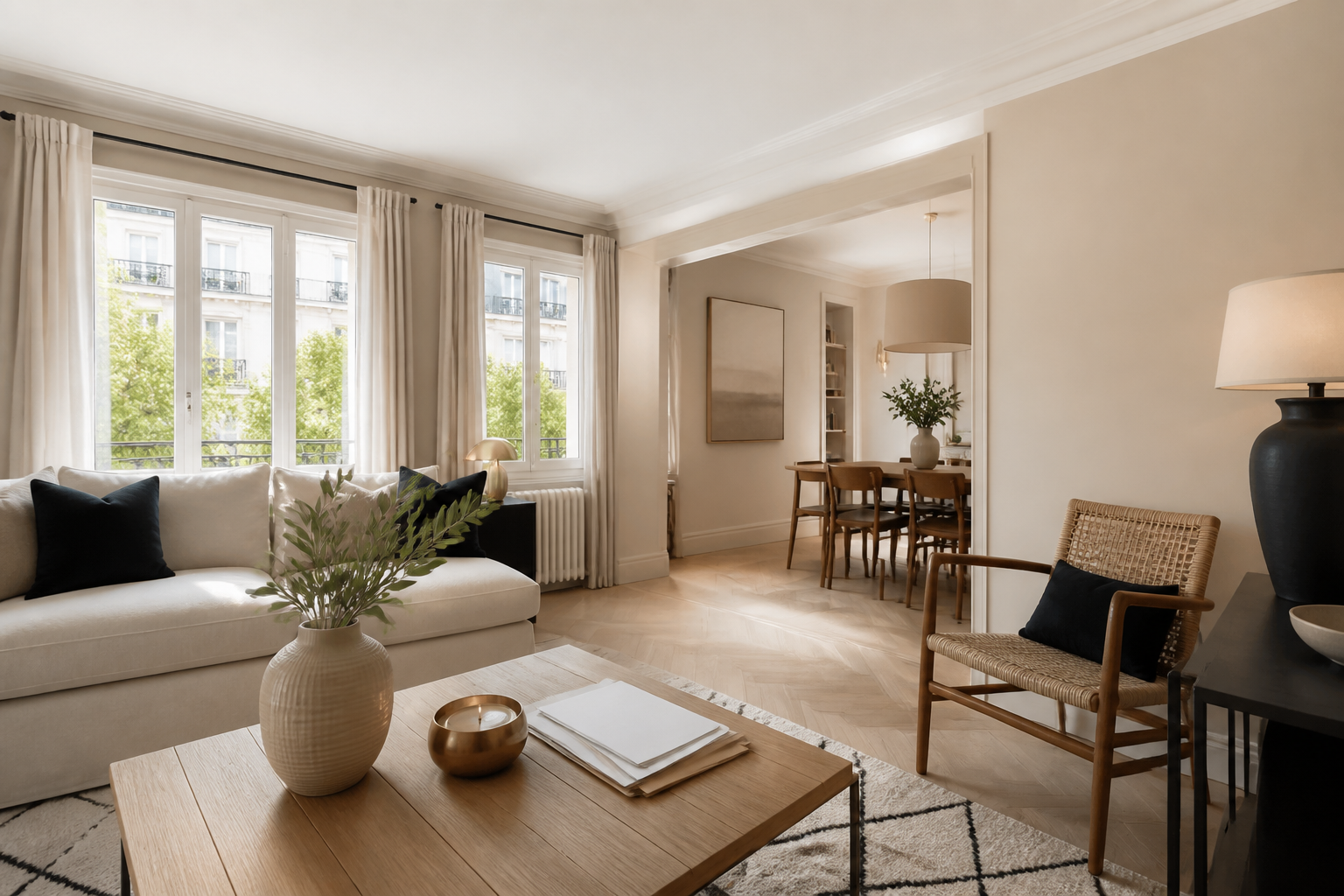Intérieur contemporain lumineux préparé pour un projet de vente immobilière